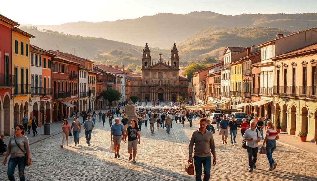 A bustling square in the historic city of Plasencia, Extremadura, Spain. In the foreground, visitors stroll along the cobblestone streets, admiring the vibrant facades of traditional Spanish architecture. In the middle ground, a grand cathedral with ornate spires stands tall, casting long shadows across the scene. The background is framed by rolling hills and lush vegetation, creating a picturesque, tranquil setting. Warm, golden sunlight bathes the scene, highlighting the unique character and charm of this Iberian gem. The overall atmosphere is one of tranquility and timeless beauty, inviting the viewer to explore the rich history and cultural offerings of this captivating region.