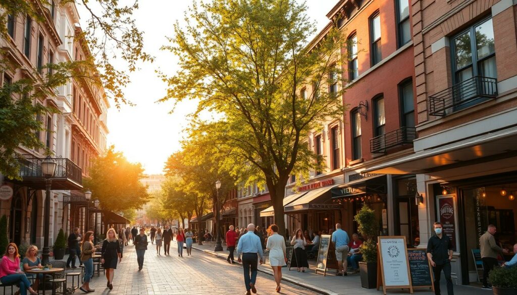 A bustling urban neighborhood in Washington D.C., Viertel features a vibrant mix of historic brownstones, trendy cafes, and lively street life. Capture the charming, tree-lined streets and architectural details of this vibrant district, with people strolling along the sidewalks and enjoying the warm, golden afternoon light. Showcase the area's eclectic blend of classic and contemporary elements, from old-world rowhouses to sleek, modern storefronts. Convey a sense of energy and community, with outdoor dining, lively conversations, and a welcoming, pedestrian-friendly atmosphere. Utilize a wide, establishing shot to showcase the neighborhood's character and atmosphere, with a focus on the diverse mix of buildings, shops, and people that bring Viertel to life.