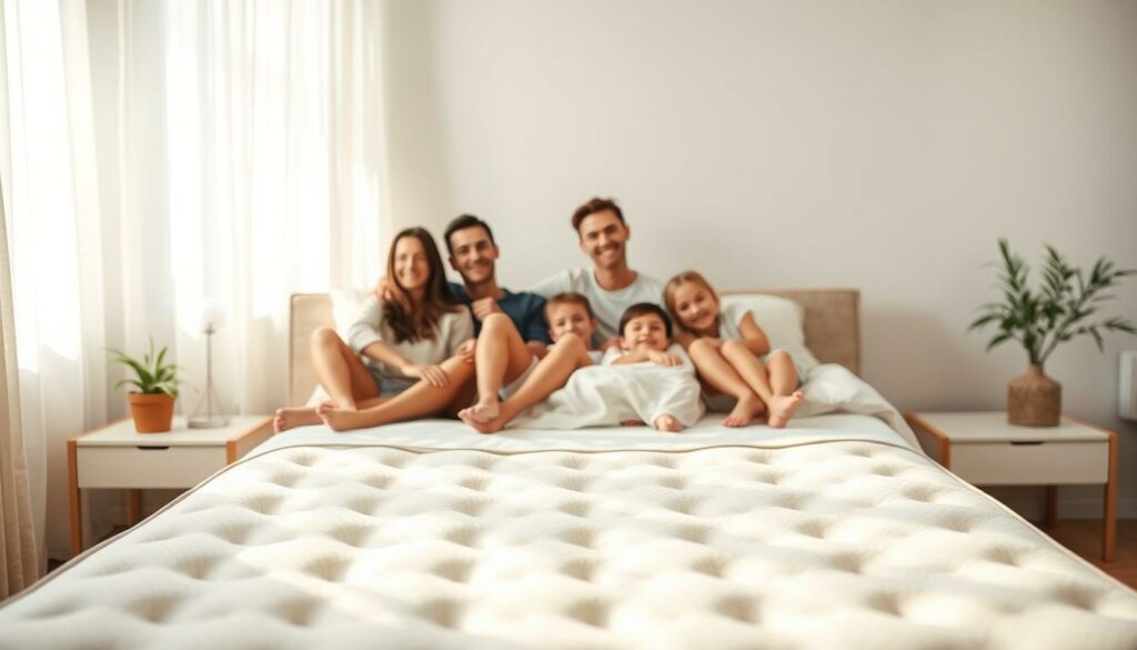 A cozy, well-lit bedroom scene with a pristine mattress in the foreground, surrounded by gentle morning light filtering through sheer curtains. In the middle ground, a family of four - two parents and two children - relaxing comfortably on the bed, their expressions serene and content. The background features a minimalist, allergy-friendly decor, with clean lines and natural materials. The overall atmosphere conveys a sense of rejuvenation and well-being, perfectly suited for a family seeking a restful, hypoallergenic environment. A cozy, well-lit bedroom scene with a pristine mattress in the foreground, surrounded by gentle morning light filtering through sheer curtains. In the middle ground, a family of four - two parents and two children - relaxing comfortably on the bed, their expressions serene and content. The background features a minimalist, allergy-friendly decor, with clean lines and natural materials. The overall atmosphere conveys a sense of rejuvenation and well-being, perfectly suited for a family seeking a restful, hypoallergenic environment.