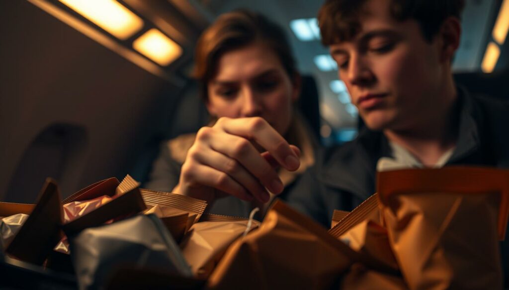 A dimly lit interior, illuminated by warm, diffused light. In the foreground, an array of nicotine pouches, each one meticulously detailed, showcasing their diverse shapes, textures, and shades of brown. The middle ground features a person's hand, carefully examining one of the pouches, a look of contemplation on their face. The background is blurred, hinting at a broader context, perhaps a travel-related setting. The overall mood is one of subtle investigation, inviting the viewer to ponder the misconceptions surrounding these nicotine products.