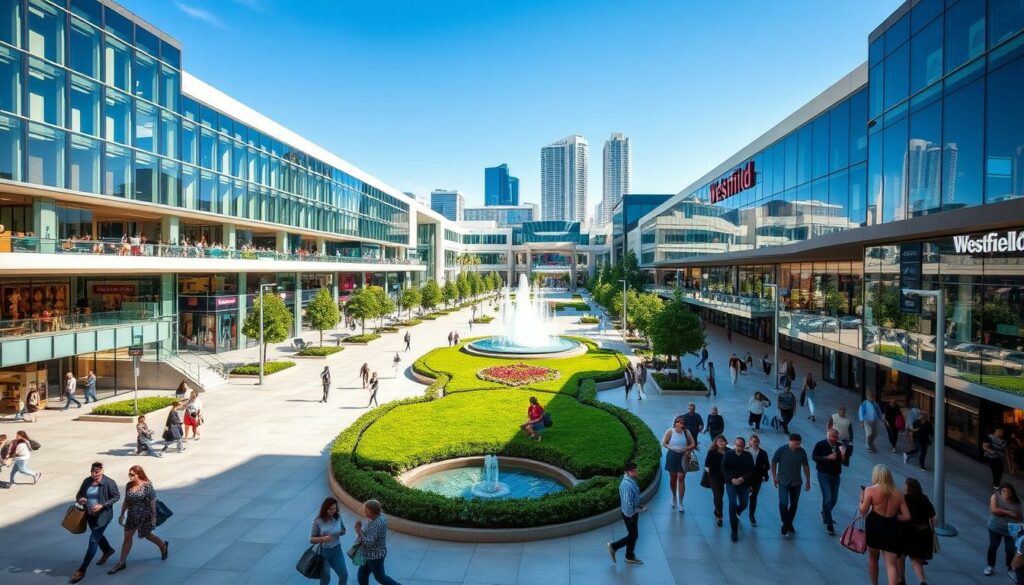 A grand, sprawling Westfield Century City Shopping Mall, with its sleek glass and steel architecture bathed in warm afternoon sunlight. The expansive central plaza features a lush, manicured garden and a gently bubbling fountain, inviting shoppers to pause and admire the high-end boutiques and gourmet dining options that line the gleaming walkways. Shoppers stroll leisurely, carrying designer bags and pausing to window-shop, as the soft murmur of conversation and the occasional laughter creates a palpable atmosphere of refined luxury and indulgence. In the distance, the iconic Century Plaza Towers rise majestically, completing the picturesque scene of this premier shopping destination in the heart of Los Angeles.