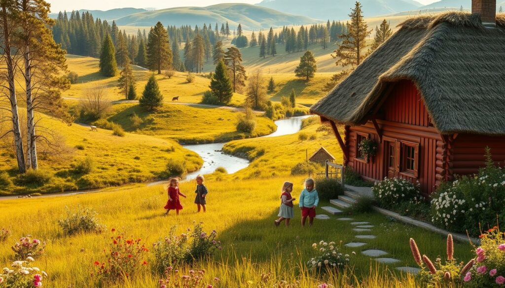 A lush, idyllic Swedish countryside scene of "Astrid Lindgrens Weld". In the foreground, a quaint, red-painted cottage with a thatched roof nestled among blooming wildflowers and verdant foliage. Children play joyfully in the grassy meadow, their laughter echoing through the warm, golden sunlight. In the middle ground, a babbling brook winds its way through the landscape, flanked by birch trees and colorful woodland creatures. The background features rolling hills, dotted with clusters of tall pines, their branches swaying gently in the soft breeze. An atmosphere of whimsy, wonder, and the enchantment of nature pervades the entire scene, capturing the spirit of family adventure and exploration.