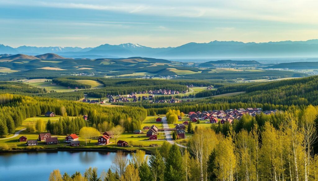 A lush, sprawling landscape of rolling hills, verdant forests, and charming red-roofed cottages. In the foreground, a quaint village nestled along a tranquil lake, its waters reflecting the picturesque scene. Clusters of birch trees line the shores, their delicate, white trunks swaying gently in the breeze. The middle ground features a network of winding paths and bridges, inviting visitors to explore the serene natural wonder. In the distance, the backdrop of majestic mountains, their peaks dusted with a hint of snow, create a breathtaking panorama. The lighting is soft and diffused, casting a warm, golden glow over the entire scene, conveying a sense of peaceful, idyllic beauty. An enchanting, quintessentially Swedish landscape, perfect for a family getaway.