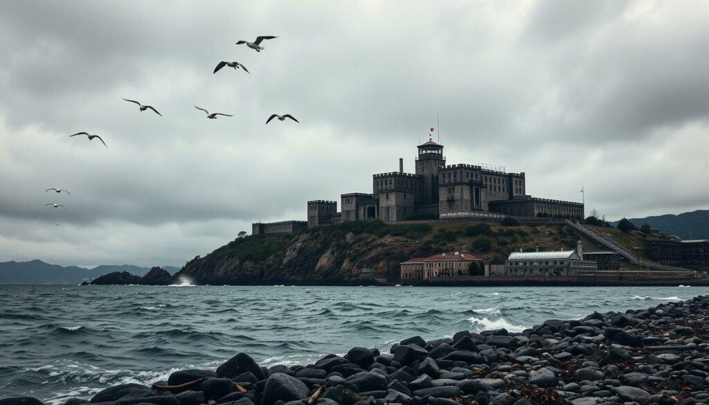 A massive, imposing structure stands on a windswept island in the San Francisco Bay. The iconic Alcatraz Federal Penitentiary, with its stark concrete walls and imposing watchtowers, looms against a moody, overcast sky. The ominous, foreboding atmosphere is palpable, evoking the grim history of this notorious prison. Seagulls soar overhead, their cries echoing across the choppy waters. The rocky shoreline is dotted with debris, a remnant of the island's tumultuous past. The scene is captured in a cinematic, wide-angle view, emphasizing the scale and isolation of this infamous landmark. The lighting is dramatic, casting deep shadows and highlights that accentuate the architectural details and the weathered, aged appearance of the buildings. This image perfectly captures the essence of "Alcatraz: The World's Most Famous Prison."