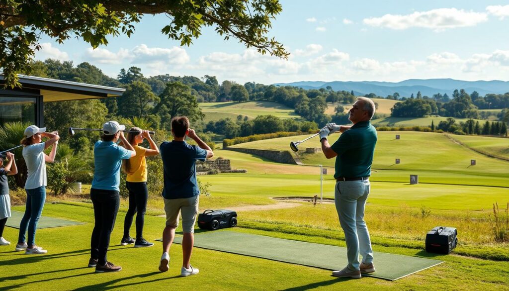 A modern, state-of-the-art golf training facility nestled in a lush, verdant landscape. The foreground depicts a group of students enthusiastically practicing their swings under the guidance of a seasoned golf instructor, their faces alight with concentration and determination. The middle ground showcases a well-manicured driving range, dotted with practice targets and obstacle courses to hone their skills. In the background, a scenic backdrop of rolling hills and a cloudless sky creates a serene and tranquil atmosphere, conveying the peaceful and rejuvenating experience of learning golf in a picturesque holiday setting. The scene is illuminated by warm, natural lighting, lending a sense of inviting and welcoming ambiance to the entire composition.