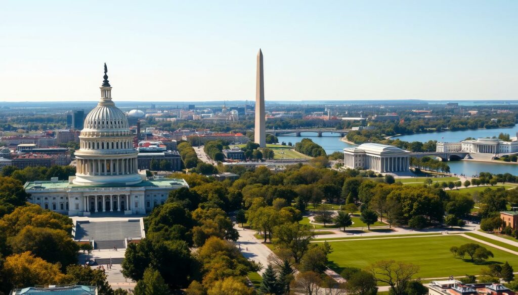 A panoramic cityscape of Washington D.C., showcasing its iconic landmarks on a sunny day. In the foreground, the stately United States Capitol building stands tall, its striking white dome illuminated by warm sunlight. In the middle ground, the Washington Monument rises majestically, casting a long shadow across the lush, green National Mall. In the background, the serene Potomac River winds its way through the city, with the picturesque Kennedy Center and the grand neoclassical buildings of the National Mall lining its banks. The scene is infused with a sense of grandeur and historical significance, capturing the essence of Washington D.C. as a vibrant, architecturally stunning capital city.