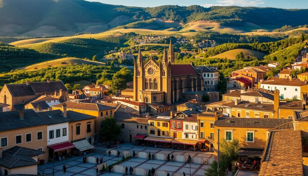 A picturesque medieval town nestled in the rugged landscape of Extremadura, Spain. The historic Altstadt Plasencia, with its charming cobblestone streets and well-preserved 13th-century architecture, stands as a testament to the region's rich history. Warm, golden sunlight bathes the iconic Gothic cathedral, its ornate spires reaching skyward. In the foreground, a tranquil plaza is dotted with lively cafes and local artisans, inviting visitors to immerse themselves in the town's vibrant culture. Surrounding the town, rolling hills and verdant forests create a serene, pastoral backdrop, showcasing the natural beauty of Spain's "Wild West." This scene captures the essence of Plasencia, a captivating destination that seamlessly blends its historic charm with the rugged allure of Extremadura.