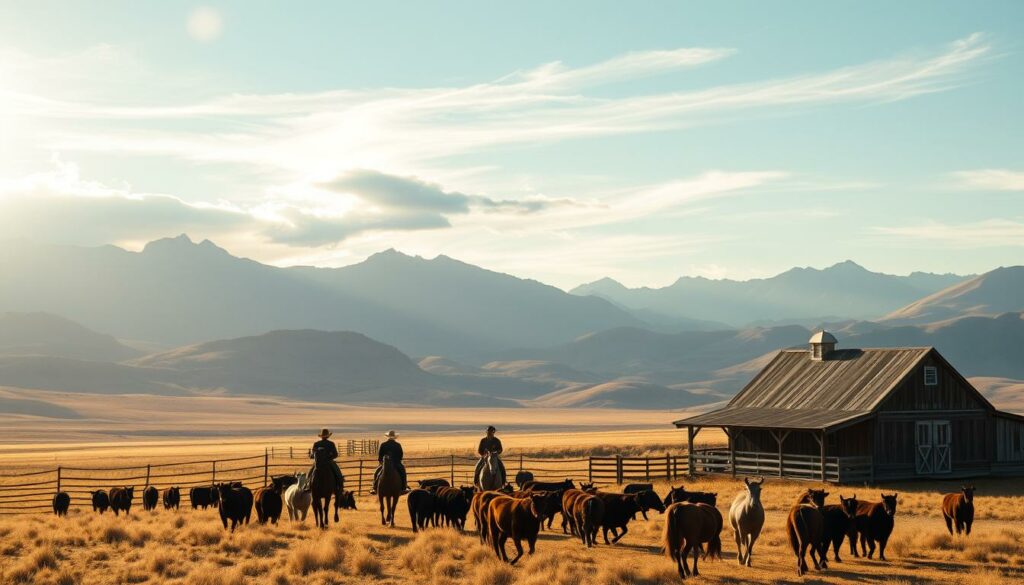 A rugged landscape of rolling hills, towering mountains, and vast open skies in Montana's heartland. In the foreground, a rustic ranch with weathered wooden fences, a well-worn barn, and a herd of grazing cattle. Cowhands on horseback move among the herd, expertly guiding the animals with the swish of their lariats. Warm, golden sunlight filters through wispy clouds, casting a soft, nostalgic glow over the scene. The air is crisp and clean, infused with the scent of freshly turned earth and the unmistakable aroma of a campfire smoldering in the distance. This is the quintessential cowboy life, a timeless tradition carried on amidst the majestic beauty of Montana's ranching country.