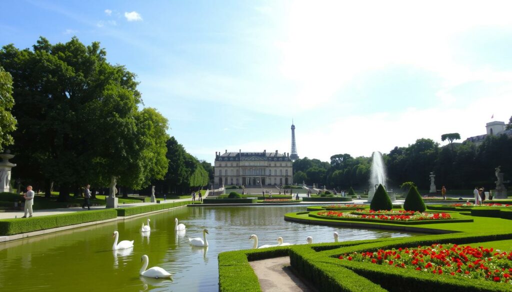 A serene garden oasis in the heart of Paris, the Jardin du Luxembourg is a sprawling landscape of lush greenery, ornate fountains, and elegant statues. Stroll along the manicured pathways, past the iconic Palais du Luxembourg, where the dappled sunlight filters through the canopy of mature trees. In the foreground, a tranquil pond reflects the surrounding architecture, its surface dotted with graceful swans. The middle ground is a tapestry of vibrant flower beds and neatly trimmed hedges, inviting visitors to pause and admire the natural beauty. In the distance, the iconic Eiffel Tower can be seen, a subtle reminder of the city's grandeur. This serene oasis, a verdant respite from the bustling urban landscape, captures the essence of Parisian charm and elegance.