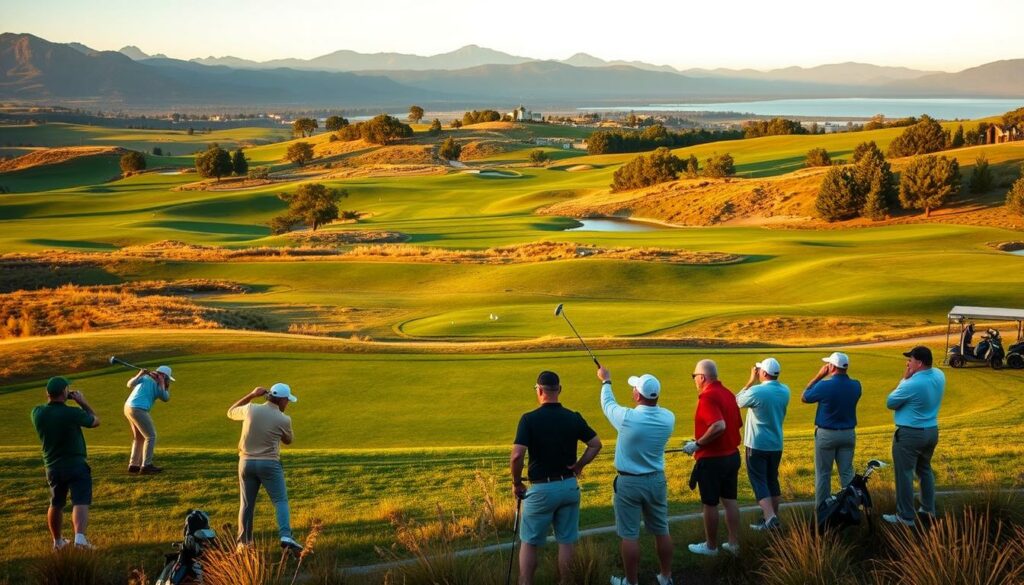 A serene golf course nestled in a picturesque landscape, with lush fairways winding through rolling hills. In the foreground, a group of golfers of varying skill levels practice their swings, each with their own customized equipment and attire. The middle ground features several well-maintained practice areas, including a driving range, putting green, and chipping station, catering to players of all abilities. In the background, a panoramic view of the surrounding natural beauty, with towering mountains or a tranquil lake creating a serene and inviting atmosphere. The scene is illuminated by warm, golden sunlight, casting long shadows and highlighting the vibrant greens and browns of the course. A sense of harmony and inclusivity pervades the entire setting, encouraging golfers of all backgrounds to come together and improve their skills in a welcoming and supportive environment.