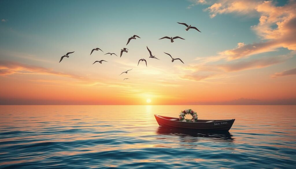A serene seascape at sunset, with a small wooden boat floating gently on the calm, azure waters. In the boat, a single wreath of flowers rests, casting a soft, ethereal glow in the fading light. The horizon is painted in warm hues of orange and pink, reflecting on the glassy surface of the sea. A flock of seagulls soar overhead, their graceful movements adding a sense of tranquility to the scene. The composition is framed by a subtle, natural vignette, drawing the viewer's attention to the personalized and thoughtful nature of the sea burial. The overall mood is one of reverence, peace, and a profound connection to the natural world.