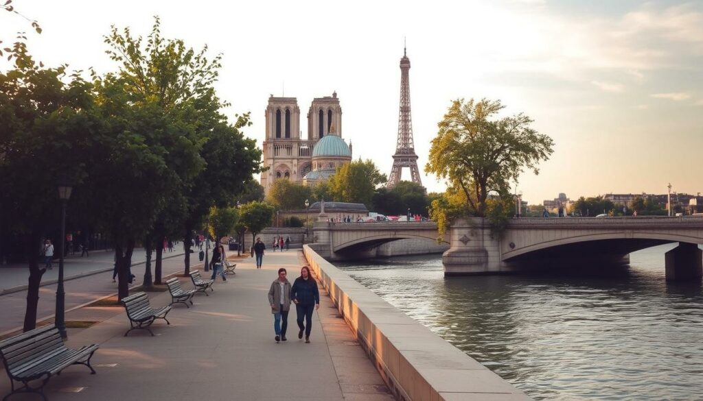 A serene stroll along the iconic Seine River in Paris, with the city's renowned landmarks lining the riverbanks. The scene features a tranquil pedestrian walkway, dotted with benches and lush trees providing dappled shade. In the foreground, a couple leisurely ambles, taking in the picturesque views of the river and its elegant bridges. The middle ground showcases the iconic Notre-Dame Cathedral, its Gothic spires rising majestically against a warm, golden-hued sky. In the distance, the Eiffel Tower stands tall, its silhouette etched against the horizon. The overall atmosphere is one of relaxation and wonder, capturing the essence of an unforgettable Parisian stroll.