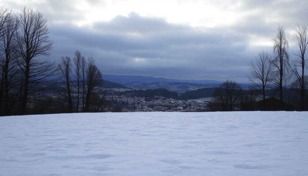 A snow-covered landscape in the foreground, with a quaint European town nestled among rolling hills in the middle ground. In the background, a dramatic cloudy sky with shafts of soft, diffused light peeking through. Tall, bare trees line the edges, adding a sense of winter's chill. The scene has a tranquil, serene atmosphere, capturing the essence of a typical winter day in a coastal European city. The lighting is muted and slightly moody, creating a contemplative mood. The overall composition draws the viewer's eye through the layers of the scene, inviting them to immerse themselves in the peaceful winter setting.