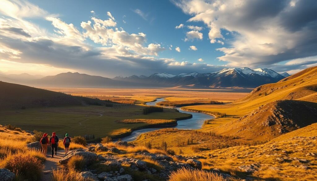 A sprawling vista of Montana's untamed wilderness, bathed in warm, golden hour light. In the foreground, a group of hikers navigates a winding trail, their vibrant outdoor gear a striking contrast against the rugged, rocky terrain. In the middle ground, a crystal-clear mountain stream cuts through lush meadows, its gentle currents inviting kayakers and fly-fishermen. In the distance, snow-capped peaks pierce the horizon, their majestic silhouettes framed by a dramatic, cloud-streaked sky. This picturesque scene captures the essence of Montana's diverse natural landscapes, offering a glimpse of the myriad of outdoor activities available to the discerning traveler.