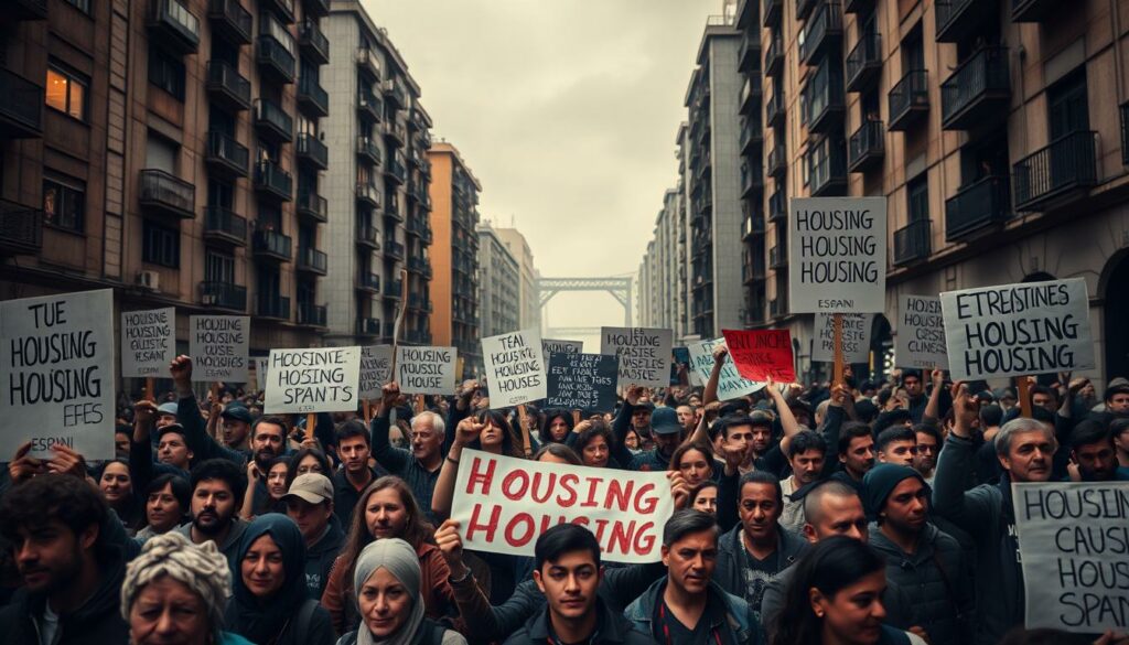 A street protest in Spain, with a large crowd of people holding signs and banners denouncing the housing crisis. In the foreground, passionate demonstrators with determined expressions march forward, their fists raised in solidarity. In the middle ground, the scene is framed by imposing apartment buildings, their windows dimly lit, symbolizing the lack of affordable housing. The background is hazy, with a sense of urban grit and industrial decay, creating a somber, politically charged atmosphere. The lighting is dramatic, with harsh shadows and highlights that accentuate the intensity of the protest. The overall composition conveys a powerful, visceral representation of the conflict over housing rights in Spain. A street protest in Spain, with a large crowd of people holding signs and banners denouncing the housing crisis. In the foreground, passionate demonstrators with determined expressions march forward, their fists raised in solidarity. In the middle ground, the scene is framed by imposing apartment buildings, their windows dimly lit, symbolizing the lack of affordable housing. The background is hazy, with a sense of urban grit and industrial decay, creating a somber, politically charged atmosphere. The lighting is dramatic, with harsh shadows and highlights that accentuate the intensity of the protest. The overall composition conveys a powerful, visceral representation of the conflict over housing rights in Spain.