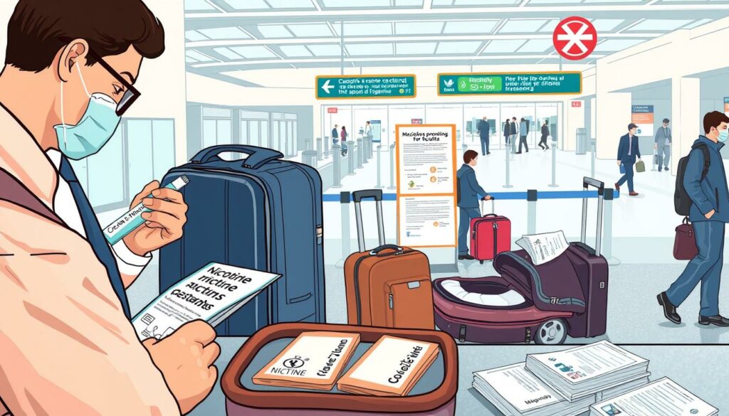 A stylized and detailed illustration depicting the customs regulations and legal requirements for the international transport of nicotine pouches. The foreground shows a customs officer examining various nicotine pouches, with close-up views of the packaging and labeling. The middle ground features a traveler's luggage, including a suitcase and carry-on bag, alongside signage and documents related to customs procedures. The background depicts an airport terminal or border crossing, with architectural elements, security checkpoints, and people moving through the space. The overall scene conveys a sense of official protocol, attention to detail, and the need for travelers to be informed and compliant when transporting nicotine products across borders.