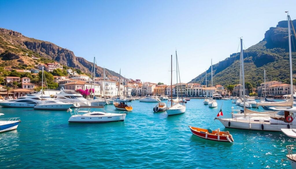A sun-dappled, picturesque harbor of Panarea, the smallest of the Aeolian Islands. In the foreground, sleek luxury yachts and sailing boats sway gently in the turquoise waters, their gleaming hulls and crisp white sails reflecting the warm Mediterranean light. Clusters of brightly colored fishing boats and traditional wooden launches dot the scene, mingling with the high-end vessels. In the middle ground, the quaint, whitewashed buildings of the town climb the hillside, their terracotta roofs and bougainvillea-draped facades exuding a timeless, Italian island charm. The background is dominated by the rugged, volcanic cliffs and lush, verdant hills that give Panarea its dramatic, natural beauty. An atmosphere of exclusivity, leisure, and joie de vivre pervades the scene, befitting Panarea's reputation as a playground for the rich and famous. A sun-dappled, picturesque harbor of Panarea, the smallest of the Aeolian Islands. In the foreground, sleek luxury yachts and sailing boats sway gently in the turquoise waters, their gleaming hulls and crisp white sails reflecting the warm Mediterranean light. Clusters of brightly colored fishing boats and traditional wooden launches dot the scene, mingling with the high-end vessels. In the middle ground, the quaint, whitewashed buildings of the town climb the hillside, their terracotta roofs and bougainvillea-draped facades exuding a timeless, Italian island charm. The background is dominated by the rugged, volcanic cliffs and lush, verdant hills that give Panarea its dramatic, natural beauty. An atmosphere of exclusivity, leisure, and joie de vivre pervades the scene, befitting Panarea's reputation as a playground for the rich and famous.