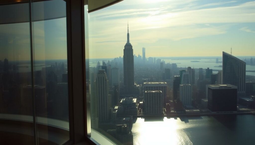A sweeping view of the iconic New York City skyline, captured from the window of a luxurious hotel. In the foreground, the sleek, modern facade of the hotel building frames the scene, its polished glass and steel gleaming in the soft, golden light of the setting sun. In the middle ground, the towering skyscrapers of Manhattan rise up, their angular silhouettes casting long shadows across the city. The iconic Empire State Building stands tall, its distinctive Art Deco spire piercing the sky. In the background, the Hudson River shimmers, reflecting the vibrant colors of the cityscape. The overall atmosphere is one of sophisticated urban elegance, inviting visitors to immerse themselves in the energy and excitement of the city that never sleeps.