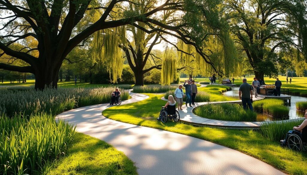 A tranquil, accessible scene in the lush Spreewald region. In the foreground, a wide, smooth path winds through a verdant landscape of towering reeds and shimmering streams. Sunlight filters through the canopy of ancient oak trees, casting a warm, golden glow. In the middle ground, a group of visitors explore the area, some in wheelchairs, others strolling leisurely. Wooden boardwalks and tactile signage ensure a seamless, inclusive experience. The background features the iconic, winding waterways that define the Spreewald, with traditional punting boats gliding silently. An atmosphere of peaceful exploration and natural wonder pervades the scene.