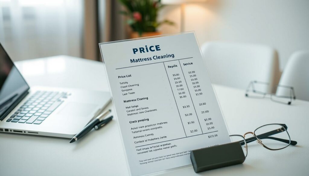 A transparent price list displayed on a clean, well-lit office desk. The list is neatly organized, with clear pricing for different levels of mattress cleaning services. A laptop, pen, and glasses sit nearby, hinting at the professional nature of the business. Soft, diffused lighting from a window illuminates the scene, creating a sense of openness and trust. The overall mood is one of transparency, efficiency, and attention to detail - qualities that would instill confidence in the customer. A transparent price list displayed on a clean, well-lit office desk. The list is neatly organized, with clear pricing for different levels of mattress cleaning services. A laptop, pen, and glasses sit nearby, hinting at the professional nature of the business. Soft, diffused lighting from a window illuminates the scene, creating a sense of openness and trust. The overall mood is one of transparency, efficiency, and attention to detail - qualities that would instill confidence in the customer.