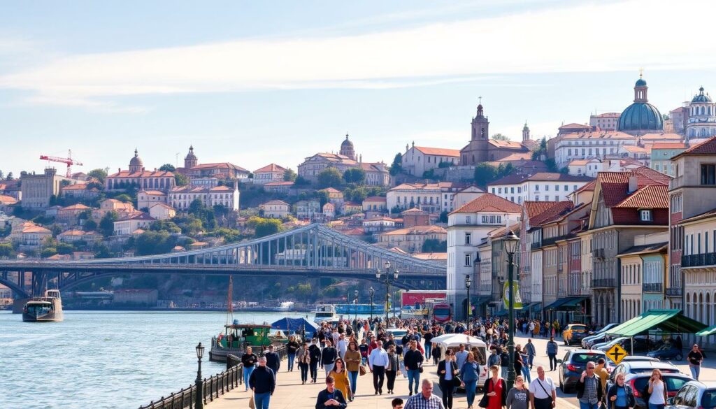 A vibrant cityscape of Porto's cultural highlights on a sunny February day. In the foreground, people stroll along the charming riverside promenade, taking in the picturesque architecture of historic buildings. The middle ground features the iconic Dom Luís I Bridge, its striking steel arches spanning the Douro River. In the background, the distinctive terracotta roofs and bell towers of churches and monuments dot the hillsides, creating a picturesque panorama. The scene is bathed in warm, golden light, conveying a sense of energy and liveliness, inviting the viewer to explore the cultural riches of this enchanting Portuguese city.