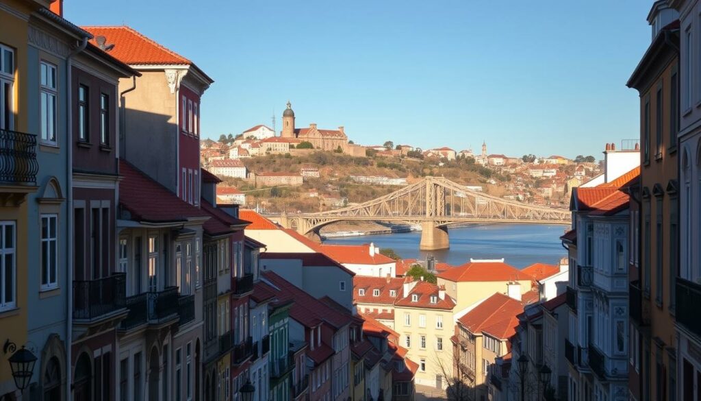 A vibrant cityscape on a crisp, sunny February day in Porto, Portugal. In the foreground, historic buildings with colorful facades line the charming cobblestone streets, their ornate architecture and terracotta roofs bathed in warm, golden light. In the middle ground, the iconic Ponte Luís I bridge spans the Douro River, its elegant arches and wrought-iron design casting dramatic shadows. In the background, the hilly terrain is dotted with more traditional Portuguese architecture, and the clear sky provides a stunning blue backdrop. The scene conveys the enchanting atmosphere of this picturesque city, perfect for a winter visit.