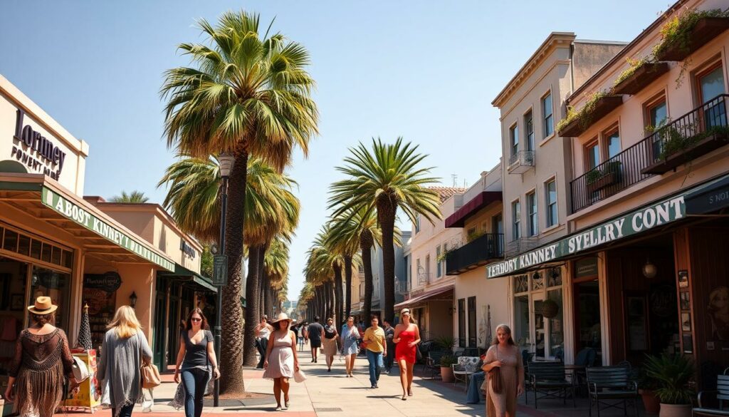 A vibrant, sun-drenched scene of Abbot Kinney Boulevard in Venice, California. In the foreground, a bustling sidewalk lined with eclectic boutiques, artisan shops, and cozy cafes. Pedestrians stroll by, dressed in bohemian-chic fashion - fringed shawls, flowing dresses, and wide-brimmed hats. The middle ground features a row of palm trees swaying gently in a light breeze, casting dappled shadows on the street below. In the background, a row of quaint two-story buildings in muted pastels, their facades adorned with murals and hanging plants. The overall atmosphere is one of laidback creativity, artistic expression, and a touch of vintage flair.
