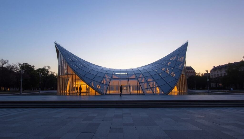 Ein Bild der Fondation Louis Vuitton mit ihren "Segeln" aus Glas