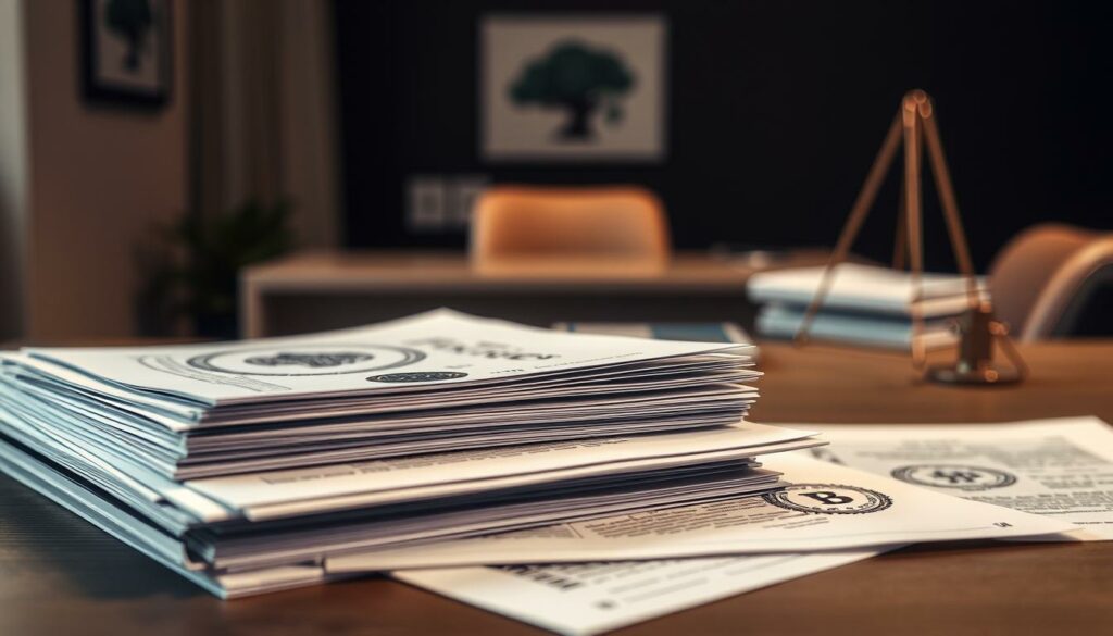 Lizenzen für Bestattungsunternehmen: A somber yet professional image showcasing the legal documentation and licensing required for a funeral home business. Set against a muted color palette, the foreground features a stack of official-looking documents, seals, and stamps, conveying the meticulous regulations governing the industry. The middle ground depicts a sleek, modern office desk, hinting at the administrative side of the business. The background is subtly blurred, emphasizing the gravity and seriousness of the subject matter. Soft, warm lighting casts a thoughtful, contemplative mood, reflecting the care and attention required to operate a reputable funeral home. The overall composition should strike a balance between the practical and the solemn, reflecting the sensitive nature of the industry.