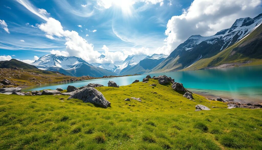 Serene alpine landscape with crystalline turquoise mountain lakes nestled amidst majestic snow-capped peaks. Dramatic light filters through wispy clouds, casting a warm, ethereal glow over the tranquil waters. Rugged, moss-covered boulders line the shores, adding depth and texture to the scene. In the foreground, a lush, verdant meadow leads the eye towards the breathtaking vistas beyond. Wide-angle lens captures the grandeur and scale of this pristine, untouched wilderness. The overall mood is one of peaceful contemplation, inviting the viewer to pause and immerse themselves in the beauty of these alpine jewels.