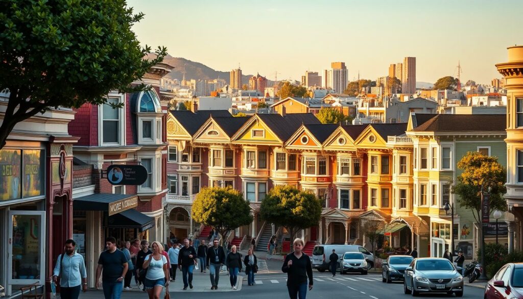 Vibrant Bunte Viertel in San Francisco, a neighborhood bursting with colorful Victorian houses, quaint storefronts, and bustling street life. In the foreground, pedestrians stroll along the sidewalks, taking in the eclectic mix of shops, cafes, and artsy murals. The middle ground features a row of iconic painted ladies, their pastel facades bathed in warm, golden afternoon light. In the background, the city's iconic hills rise up, creating a picturesque skyline. The scene exudes a lively, bohemian atmosphere, capturing the essence of this vibrant, historically-significant enclave within the heart of San Francisco.