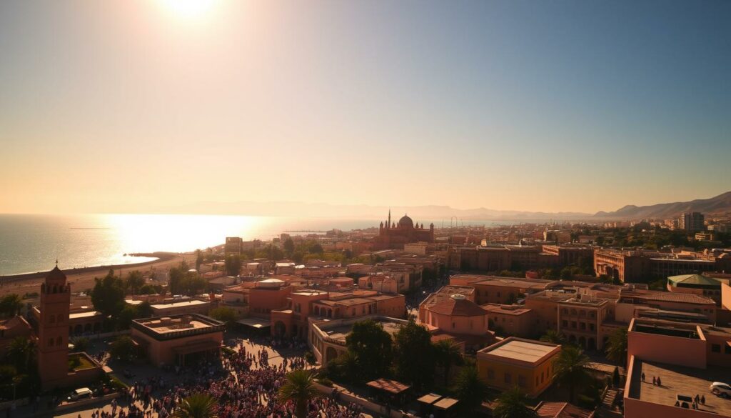 A breathtaking vista of Algeria's most captivating landmarks, bathed in warm, golden sunlight. In the foreground, the iconic Djemaa el-Fna square in Marrakech, bustling with vibrant street vendors and performers. Beyond, the majestic Atlas Mountains rise, their snow-capped peaks piercing the azure sky. In the middle ground, the awe-inspiring Kasbah of Algiers, its historic fortifications and terracotta-tiled roofs shimmering in the afternoon heat. In the background, the picturesque Mediterranean coastline stretches out, with the glimmering azure waters lapping at pristine white-sand beaches. The scene exudes a sense of timeless beauty and cultural richness, inviting the viewer to explore the wonders of this captivating North African country.