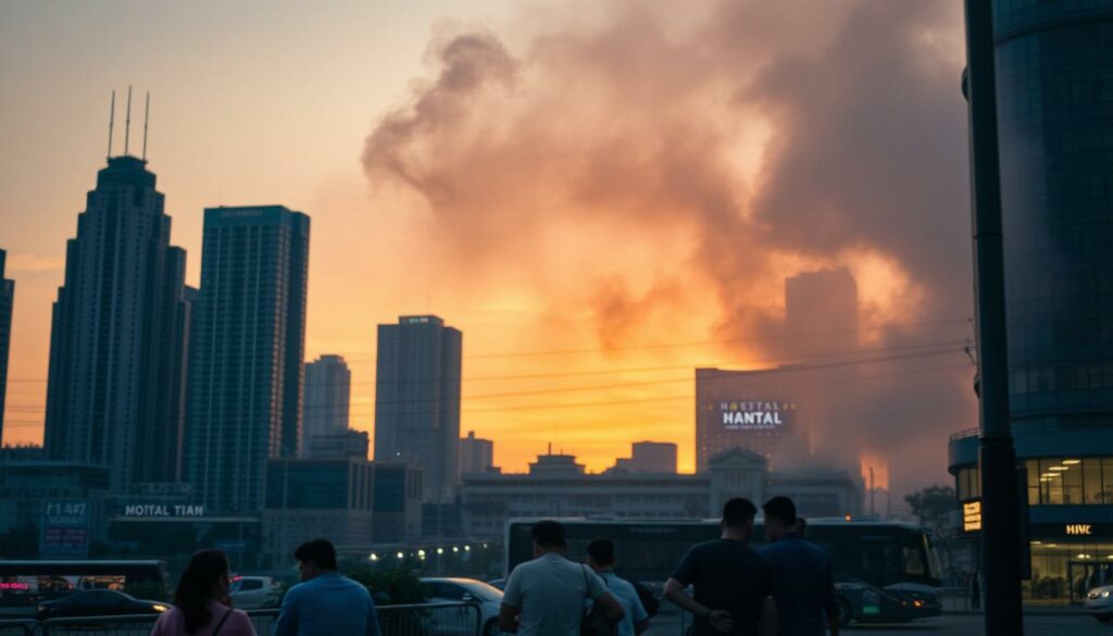 A bustling Vietnamese city at dusk, the skyline dotted with towering high-rises. In the foreground, a group of people sitting on a street corner, cigarettes in hand. The air hazy with smoke, casting an ominous tone. In the middle ground, a hospital facade, the windows dimly lit, suggesting the healthcare challenges posed by the country's smoking epidemic. The background bathed in a warm, sunset glow, creating a sense of contrast between the vibrant city and the looming health risks. Cinematic lighting and a shallow depth of field focus the viewer's attention on the central narrative. An evocative scene that captures the complex interplay between urban life, personal choices, and public health in Vietnam. A bustling Vietnamese city at dusk, the skyline dotted with towering high-rises. In the foreground, a group of people sitting on a street corner, cigarettes in hand. The air hazy with smoke, casting an ominous tone. In the middle ground, a hospital facade, the windows dimly lit, suggesting the healthcare challenges posed by the country's smoking epidemic. The background bathed in a warm, sunset glow, creating a sense of contrast between the vibrant city and the looming health risks. Cinematic lighting and a shallow depth of field focus the viewer's attention on the central narrative. An evocative scene that captures the complex interplay between urban life, personal choices, and public health in Vietnam.