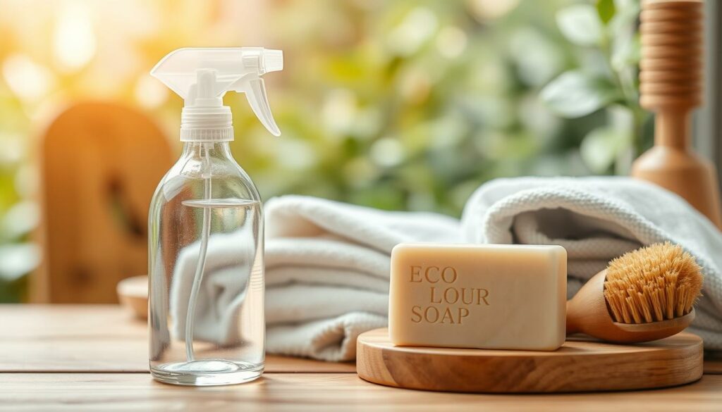 A close-up view of various eco-friendly cleaning products arranged on a natural wooden surface. In the foreground, a glass spray bottle and a bar of biodegradable soap, their simple yet modern designs highlighting their sustainable nature. In the middle ground, a collection of reusable cleaning cloths and a bamboo scrubbing brush, conveying a sense of efficiency and responsibility. The background features blurred, out-of-focus greenery, suggesting a connection to nature and the environment. Soft, natural lighting casts a warm, inviting glow over the scene, emphasizing the organic, artisanal quality of the cleaning technology. An overall atmosphere of cleanliness, mindfulness, and environmental consciousness pervades the image.