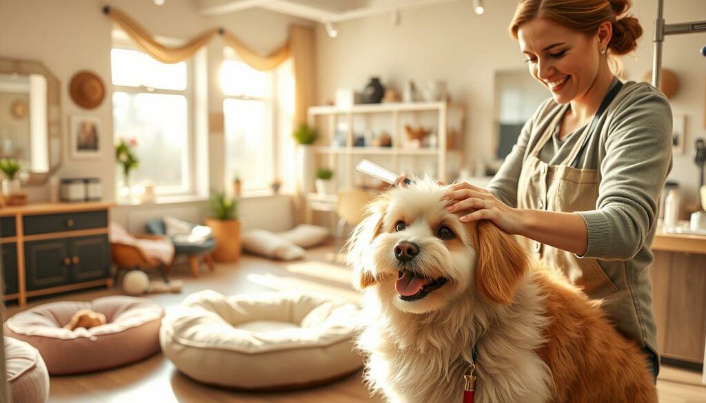A cozy, well-appointed dog grooming salon, bathed in warm, natural lighting. In the foreground, a friendly, experienced groomer gently brushes the soft, fluffy coat of a contented canine client. The dog appears relaxed and at ease, as the groomer's skilled hands work with care and precision. In the middle ground, plush dog beds, toys, and grooming supplies create a welcoming, stress-free environment. The background features soothing neutral tones, with soft textiles and calming decor elements that contribute to the overall tranquil atmosphere. The scene conveys a sense of professionalism, comfort, and attentive care, perfectly suited for the "Stressfreie Pflege durch erfahrene Groomer" section of the article. A cozy, well-appointed dog grooming salon, bathed in warm, natural lighting. In the foreground, a friendly, experienced groomer gently brushes the soft, fluffy coat of a contented canine client. The dog appears relaxed and at ease, as the groomer's skilled hands work with care and precision. In the middle ground, plush dog beds, toys, and grooming supplies create a welcoming, stress-free environment. The background features soothing neutral tones, with soft textiles and calming decor elements that contribute to the overall tranquil atmosphere. The scene conveys a sense of professionalism, comfort, and attentive care, perfectly suited for the "Stressfreie Pflege durch erfahrene Groomer" section of the article.