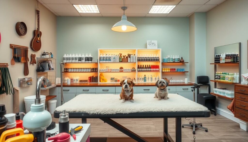 A cozy, well-appointed dog grooming salon set against a backdrop of calming pastel walls. In the foreground, various dog accessories and grooming tools are neatly arranged, conveying a sense of professionalism and attention to detail. The middle ground features a large, comfortable grooming table with soft, plush padding, illuminated by warm, diffused lighting from overhead. In the background, shelves showcase an impressive selection of high-quality dog shampoos, conditioners, and other premium grooming products. The overall atmosphere exudes a welcoming, spa-like ambiance, inviting customers to trust the salon with the care of their beloved canine companions. A cozy, well-appointed dog grooming salon set against a backdrop of calming pastel walls. In the foreground, various dog accessories and grooming tools are neatly arranged, conveying a sense of professionalism and attention to detail. The middle ground features a large, comfortable grooming table with soft, plush padding, illuminated by warm, diffused lighting from overhead. In the background, shelves showcase an impressive selection of high-quality dog shampoos, conditioners, and other premium grooming products. The overall atmosphere exudes a welcoming, spa-like ambiance, inviting customers to trust the salon with the care of their beloved canine companions.