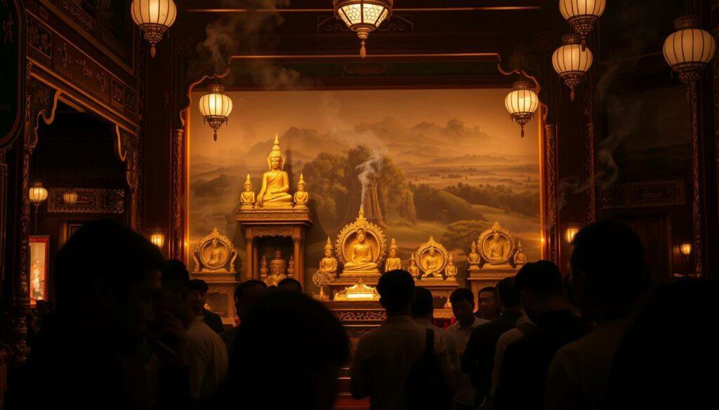 A dimly lit Vietnamese temple, its intricate architecture and ornate details illuminated by the warm glow of incense smoke. In the foreground, a group of worshippers pause to light their cigarettes, their faces cast in a pensive, contemplative expression as they observe the religious rituals. The middle ground features a series of ornate Buddhist altars, their golden statues and symbolic offerings blending seamlessly with the wisps of smoke drifting through the air. In the background, a mural depicting the serene landscapes of Vietnam's countryside serves as a tranquil backdrop, hinting at the deep cultural traditions that underpin the coexistence of smoking and spirituality in this complex and fascinating country. A dimly lit Vietnamese temple, its intricate architecture and ornate details illuminated by the warm glow of incense smoke. In the foreground, a group of worshippers pause to light their cigarettes, their faces cast in a pensive, contemplative expression as they observe the religious rituals. The middle ground features a series of ornate Buddhist altars, their golden statues and symbolic offerings blending seamlessly with the wisps of smoke drifting through the air. In the background, a mural depicting the serene landscapes of Vietnam's countryside serves as a tranquil backdrop, hinting at the deep cultural traditions that underpin the coexistence of smoking and spirituality in this complex and fascinating country.