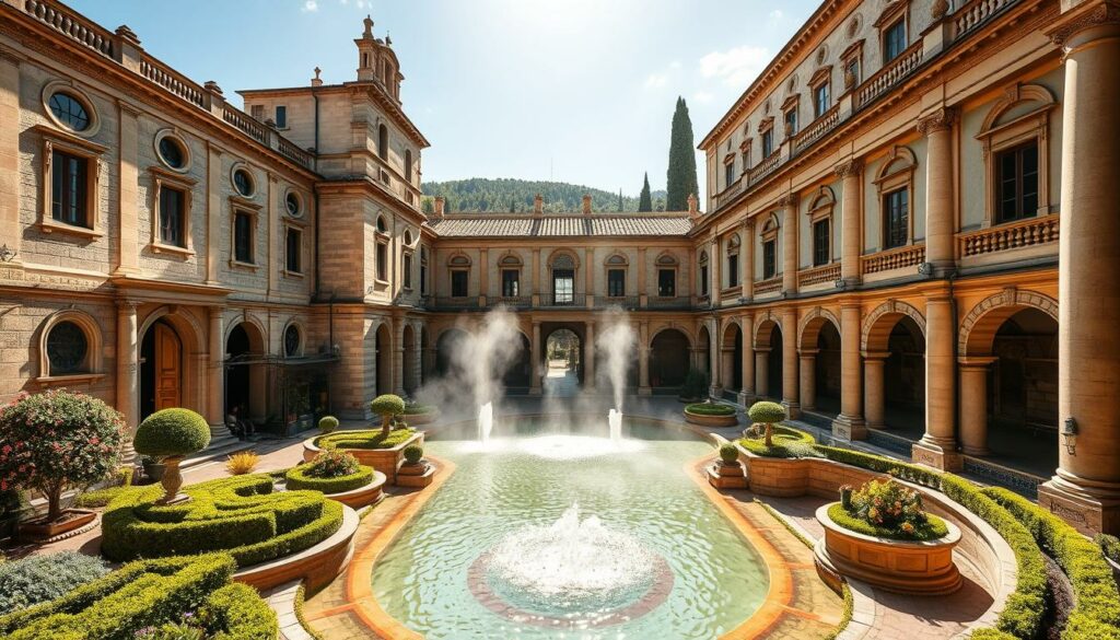 A grand, historical thermal bath complex nestled in the picturesque Tuscan countryside. The imposing stone structures stand proudly, their intricate architecture a testament to the region's rich thermal spa heritage. Sunlight filters through tall windows, casting a warm, golden glow over the opulent interiors. Ornate columns, arched doorways, and detailed frescoes adorn the spaces, creating an atmosphere of elegant sophistication. Steaming mineral-rich waters flow through elaborate tiled pools, inviting visitors to indulge in the restorative powers of the region's natural hot springs. Lush gardens and manicured pathways surround the complex, completing the serene, tranquil setting.