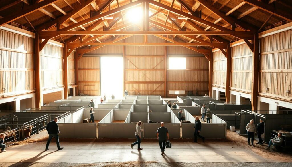 A large, spacious barn interior with high ceilings and exposed wooden beams. Sunlight streams in through the open doorway, casting warm, natural illumination across a flexible, modular arrangement of portable walls and partitions. Farmers and their families move fluidly between the different areas, utilizing the hall's versatile layout for a variety of agricultural activities - from animal pens and equipment storage to seasonal produce displays and communal gatherings. The open design allows for seamless reconfiguration, optimizing the space for diverse needs throughout the farming calendar. A sense of efficiency, adaptability and community pervades the scene. A large, spacious barn interior with high ceilings and exposed wooden beams. Sunlight streams in through the open doorway, casting warm, natural illumination across a flexible, modular arrangement of portable walls and partitions. Farmers and their families move fluidly between the different areas, utilizing the hall's versatile layout for a variety of agricultural activities - from animal pens and equipment storage to seasonal produce displays and communal gatherings. The open design allows for seamless reconfiguration, optimizing the space for diverse needs throughout the farming calendar. A sense of efficiency, adaptability and community pervades the scene.