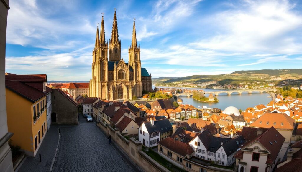 A majestic cathedral stands tall against a vibrant blue sky, its Gothic spires and ornate stone façade commanding attention. The iconic Dom St. Stephan, a beloved landmark of Passau, shines with warm, golden light, creating a welcoming and awe-inspiring atmosphere. In the foreground, cobblestone streets wind through the historic city center, lined with charming, half-timbered buildings that reflect the town's rich cultural heritage. The middle ground features a serene riverscape, where the Danube, Inn, and Ilz rivers converge, creating a picturesque setting. The background is framed by rolling hills and lush, verdant landscapes, completing the breathtaking panorama that embodies the natural beauty and architectural grandeur of this enchanting German city. A majestic cathedral stands tall against a vibrant blue sky, its Gothic spires and ornate stone façade commanding attention. The iconic Dom St. Stephan, a beloved landmark of Passau, shines with warm, golden light, creating a welcoming and awe-inspiring atmosphere. In the foreground, cobblestone streets wind through the historic city center, lined with charming, half-timbered buildings that reflect the town's rich cultural heritage. The middle ground features a serene riverscape, where the Danube, Inn, and Ilz rivers converge, creating a picturesque setting. The background is framed by rolling hills and lush, verdant landscapes, completing the breathtaking panorama that embodies the natural beauty and architectural grandeur of this enchanting German city.