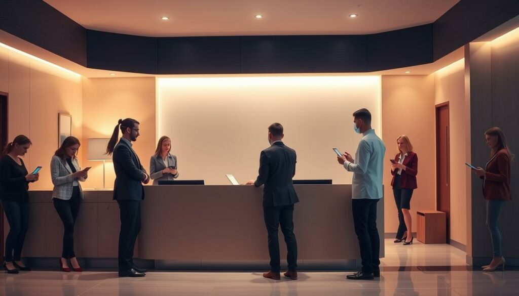 A modern hotel lobby with sleek, minimalist design. The reception desk is prominent, with a professional-looking staff member assisting a guest. In the background, several hotel guests can be seen interacting with tablets or smartphones, managing their online reviews and ratings. Soft, warm lighting illuminates the scene, creating a welcoming atmosphere. The overall mood conveys a sense of efficient, reputation-conscious hotel management.
