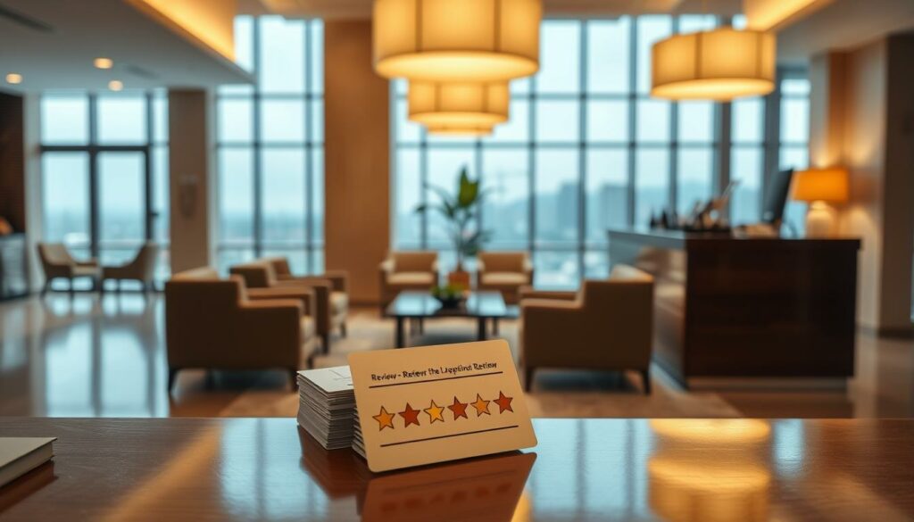 A modern, minimalist hotel lobby interior with warm, diffuse lighting cascading from stylized pendant lamps. In the foreground, a neatly arranged stack of review cards sits atop a polished wooden reception desk, each card bearing a positive five-star rating. The middle ground showcases a tranquil lounge area with plush armchairs and a subtle green plant accent, suggesting an atmosphere of comfort and attentive hospitality. The background features a large window overlooking a picturesque cityscape, hinting at the hotel's prime location. The overall scene conveys a sense of professionalism, attention to detail, and a commitment to cultivating positive online reviews.