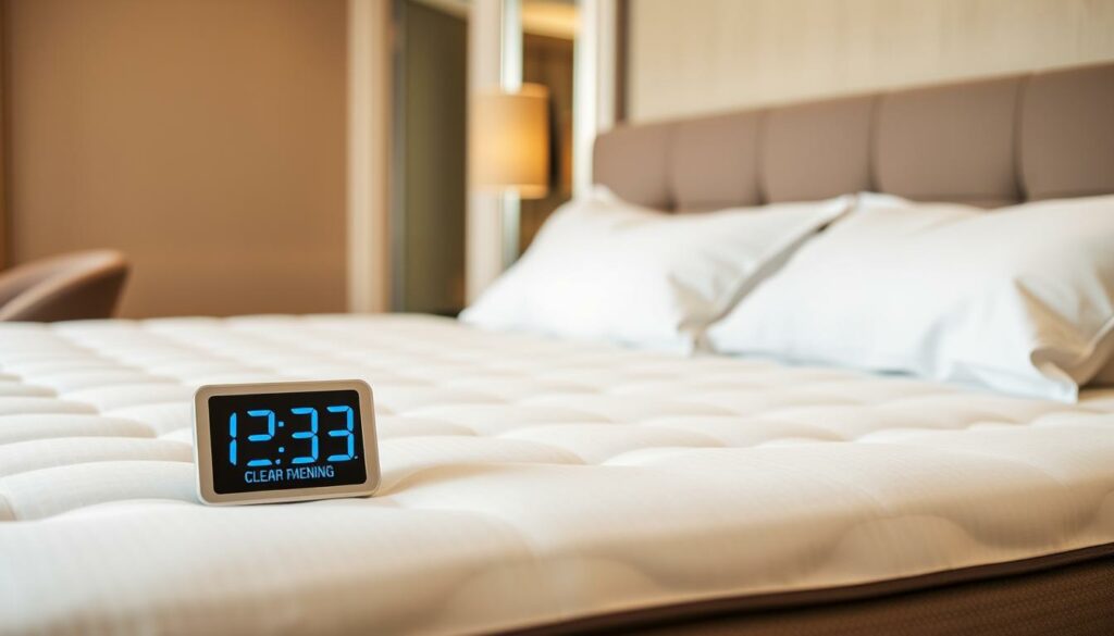A neatly made king-size hotel bed, its plush mattress fluffed and pristine, bathed in soft, warm lighting. In the foreground, a chic digital timer ticks down the days, indicating the recommended cleaning frequency for the mattress. The background showcases a serene, elegant hotel suite, hinting at the high-end setting where this mattress resides. The overall scene conveys a sense of luxury, comfort, and attention to detail - a visual representation of the importance of regular mattress maintenance in upscale hospitality environments. A neatly made king-size hotel bed, its plush mattress fluffed and pristine, bathed in soft, warm lighting. In the foreground, a chic digital timer ticks down the days, indicating the recommended cleaning frequency for the mattress. The background showcases a serene, elegant hotel suite, hinting at the high-end setting where this mattress resides. The overall scene conveys a sense of luxury, comfort, and attention to detail - a visual representation of the importance of regular mattress maintenance in upscale hospitality environments.