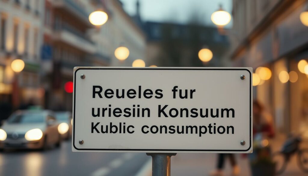 A neatly typeset sign displaying the "Regeln für öffentlichen Konsum" (Rules for Public Consumption) in a clean, minimalist style. The sign is placed against a blurred, out-of-focus backdrop of a bustling city street, with the soft glow of streetlights and the faint outline of buildings in the background. The lighting is warm and evenly distributed, creating a calm, authoritative atmosphere. The sign is positioned at eye level, making it easily readable and prominent in the composition. The overall scene conveys a sense of order, professionalism, and attention to detail, reflecting the seriousness of the subject matter.