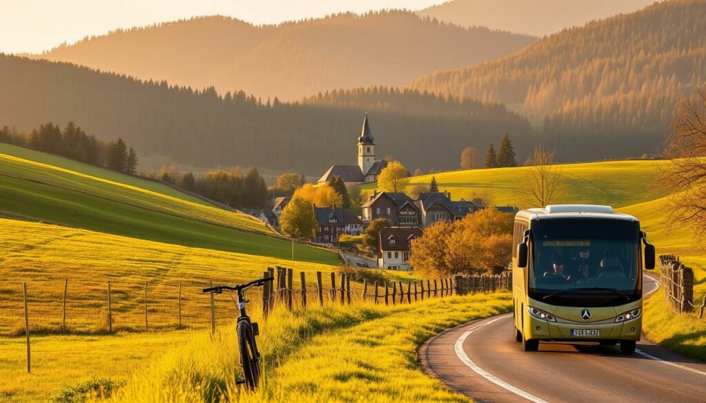A scenic rural landscape showcasing the transportation options in Schwalm Eder Kreis. In the foreground, a winding country road lined with rolling hills and lush green meadows. In the middle ground, a quaint village with half-timbered houses and a historic church steeple. In the background, a range of densely forested mountains bathed in warm, golden afternoon sunlight. On the road, a variety of modes of transportation are visible - a bicycle, a small compact car, and a bus carrying passengers. The scene conveys a sense of tranquility and accessibility, reflecting the region's commitment to sustainable and diverse mobility options for both locals and visitors. A scenic rural landscape showcasing the transportation options in Schwalm Eder Kreis. In the foreground, a winding country road lined with rolling hills and lush green meadows. In the middle ground, a quaint village with half-timbered houses and a historic church steeple. In the background, a range of densely forested mountains bathed in warm, golden afternoon sunlight. On the road, a variety of modes of transportation are visible - a bicycle, a small compact car, and a bus carrying passengers. The scene conveys a sense of tranquility and accessibility, reflecting the region's commitment to sustainable and diverse mobility options for both locals and visitors.