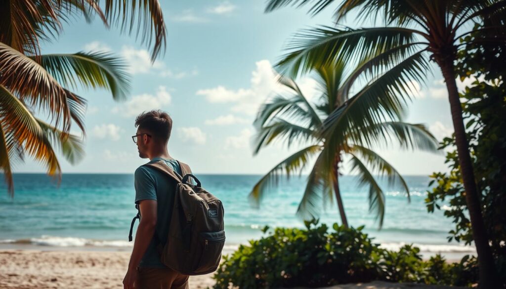 A serene beach scene with palm trees swaying in the gentle breeze. In the foreground, a traveler stands vigilantly, backpack on, scanning the horizon for any potential threats. The middle ground features a tranquil ocean, its azure waters reflecting the warm tropical sun. In the background, lush jungle foliage adds depth and a sense of adventure. The lighting is soft and diffused, creating a calming atmosphere. The overall composition conveys a feeling of preparedness and safety, with the traveler remaining alert yet relaxed, ready to enjoy the wonders of their journey. A serene beach scene with palm trees swaying in the gentle breeze. In the foreground, a traveler stands vigilantly, backpack on, scanning the horizon for any potential threats. The middle ground features a tranquil ocean, its azure waters reflecting the warm tropical sun. In the background, lush jungle foliage adds depth and a sense of adventure. The lighting is soft and diffused, creating a calming atmosphere. The overall composition conveys a feeling of preparedness and safety, with the traveler remaining alert yet relaxed, ready to enjoy the wonders of their journey.