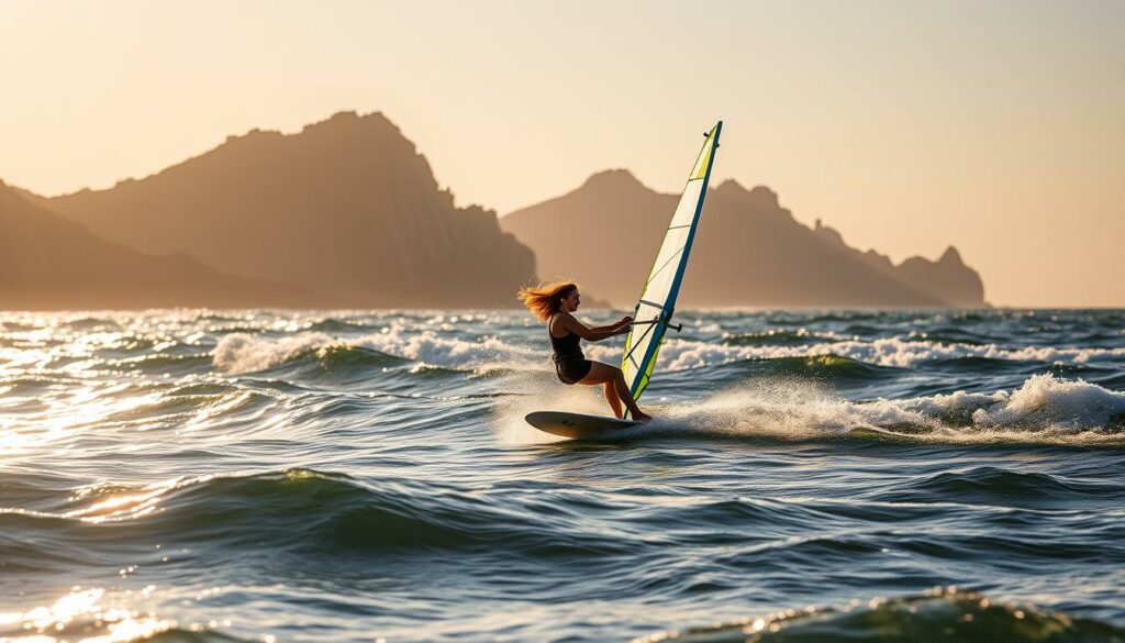 A serene coastal landscape, the sun's golden rays casting a warm glow over the rolling waves. In the foreground, a skilled windsurfer gracefully carves through the water, their board seemingly dancing across the surface. Intricate footwork and fluid body movements demonstrate advanced techniques, honed through years of practice. The wind whips through their hair, and the sails billow in the breeze, creating a dynamic and captivating scene. In the distance, rocky cliffs rise up, adding depth and dimension to the composition. The overall mood is one of tranquility and accomplishment, capturing the essence of the advanced windsurfing experience. A serene coastal landscape, the sun's golden rays casting a warm glow over the rolling waves. In the foreground, a skilled windsurfer gracefully carves through the water, their board seemingly dancing across the surface. Intricate footwork and fluid body movements demonstrate advanced techniques, honed through years of practice. The wind whips through their hair, and the sails billow in the breeze, creating a dynamic and captivating scene. In the distance, rocky cliffs rise up, adding depth and dimension to the composition. The overall mood is one of tranquility and accomplishment, capturing the essence of the advanced windsurfing experience.