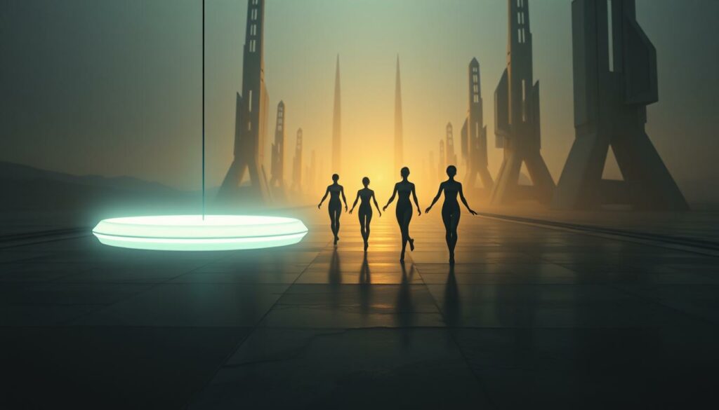 A serene, futuristic scene depicting the evolution of sexual wellness. In the foreground, a glowing, minimalist device hovers, emitting soothing light and energy. In the middle ground, lithe, androgynous figures move in a synchronized, almost meditative dance, their forms blending seamlessly with the surroundings. The background is a vast, metallic landscape, with towering, geometric structures that seem to reach towards the sky. The lighting is soft and diffused, creating an atmosphere of tranquility and intimacy. The overall impression is one of technological advancement harmoniously integrated with the human experience of sexual well-being and self-exploration. A serene, futuristic scene depicting the evolution of sexual wellness. In the foreground, a glowing, minimalist device hovers, emitting soothing light and energy. In the middle ground, lithe, androgynous figures move in a synchronized, almost meditative dance, their forms blending seamlessly with the surroundings. The background is a vast, metallic landscape, with towering, geometric structures that seem to reach towards the sky. The lighting is soft and diffused, creating an atmosphere of tranquility and intimacy. The overall impression is one of technological advancement harmoniously integrated with the human experience of sexual well-being and self-exploration.