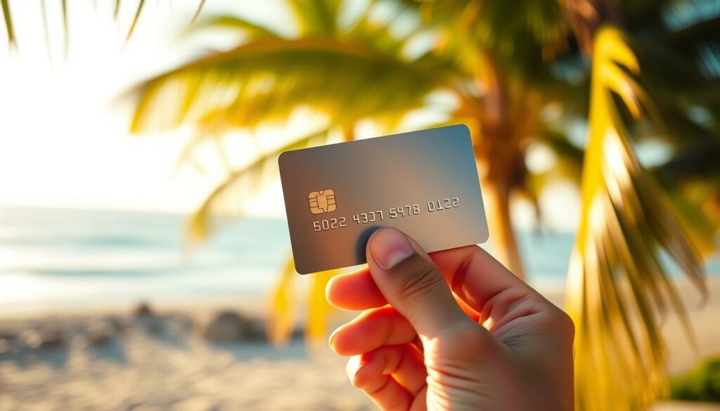 A sleek, modern credit card held in a well-manicured hand against a blurred background of a tropical beach landscape. Warm, golden sunlight filters through palm trees, casting soft shadows. The card's reflective surface glimmers, conveying a sense of financial security and convenience. The composition emphasizes the simplicity and ease of using a credit card for payments, aligning with the article's focus on the benefits of this payment method during a Mauritius vacation. A sleek, modern credit card held in a well-manicured hand against a blurred background of a tropical beach landscape. Warm, golden sunlight filters through palm trees, casting soft shadows. The card's reflective surface glimmers, conveying a sense of financial security and convenience. The composition emphasizes the simplicity and ease of using a credit card for payments, aligning with the article's focus on the benefits of this payment method during a Mauritius vacation.