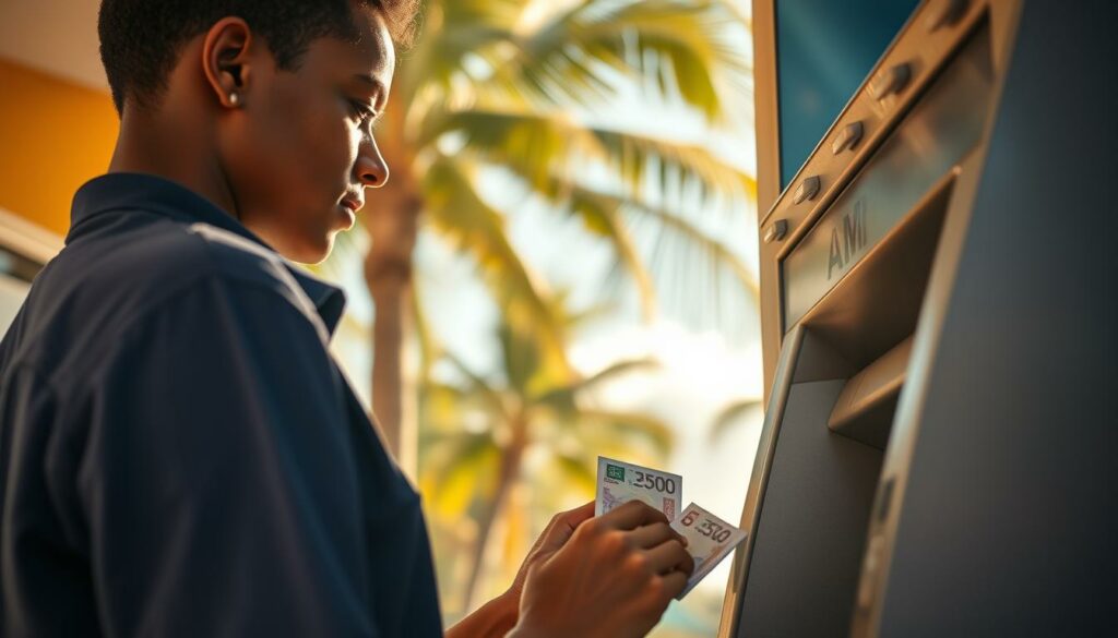 A sun-drenched island paradise, Mauritius. At a local bank, a person stands before an ATM, carefully withdrawing local currency. The scene is bathed in warm, golden light, with swaying palm trees visible in the background. The person's face is calm and focused, their hand gracefully operating the ATM interface. The transaction is swift and seamless, capturing the ease of accessing cash on this tropical island destination. The overall atmosphere is one of tranquility and effortless financial management, reflecting the picturesque setting of Mauritius. A sun-drenched island paradise, Mauritius. At a local bank, a person stands before an ATM, carefully withdrawing local currency. The scene is bathed in warm, golden light, with swaying palm trees visible in the background. The person's face is calm and focused, their hand gracefully operating the ATM interface. The transaction is swift and seamless, capturing the ease of accessing cash on this tropical island destination. The overall atmosphere is one of tranquility and effortless financial management, reflecting the picturesque setting of Mauritius.